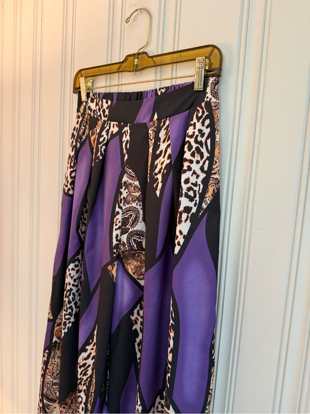 Women's Purple Patterned Wide-Leg Pants with Animal Print Accents - Picture 2 of 6